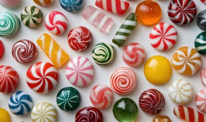 Playful assortment of colorful candies scattered on a sleek white surface, softly illuminated to enhance their glossy textures and cheerful tones