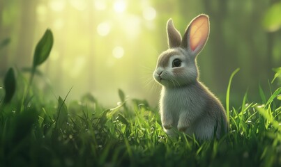 Fototapeta premium Playful bunny surrounded by fresh green grass, softly illuminated to emphasize its soft fur and natural surroundings