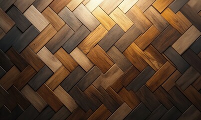 Geometric wooden wall tiles in varying shades of brown arranged in a herringbone pattern, rich texture and depth emphasized by soft directional lighting, contemporary design element,