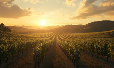Naklejka premium Scenic vineyard stretching across rolling hills under a golden sunset, with rows of grapevines glowing in the evening light.