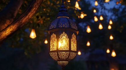 A warm, enchanting lantern glows softly in the twilight, casting a magical ambiance among twinkling lights hanging from a tree, creating a serene and peaceful night scene.