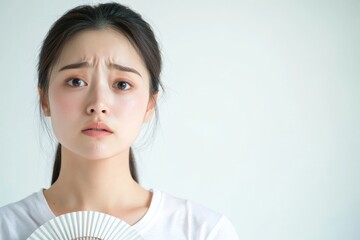 woman with worried expression holding fan indoors