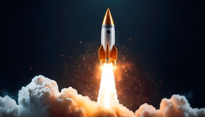 Obraz premium Rocket Taking off Isolated on Black Background. Business background, Technology Concept .