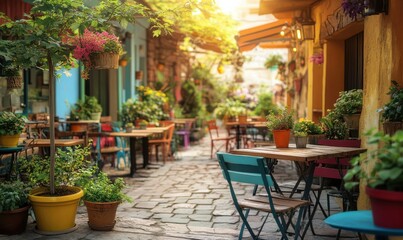 Fototapeta premium Vibrant outdoor cafe scene with colorful potted plants and rustic wooden tables, soft golden light creating a warm and inviting atmosphere, evoking charm,