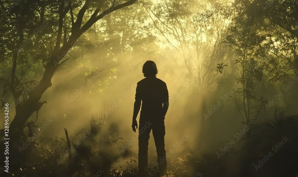 Poster silhouette of a person standing in a misty forest at dawn, with soft golden light filtering through 