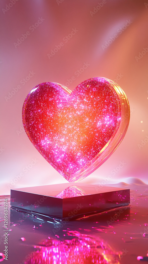 Poster a glowing heart-shaped object with glittering effects placed on a reflective surface, symbolizing lo