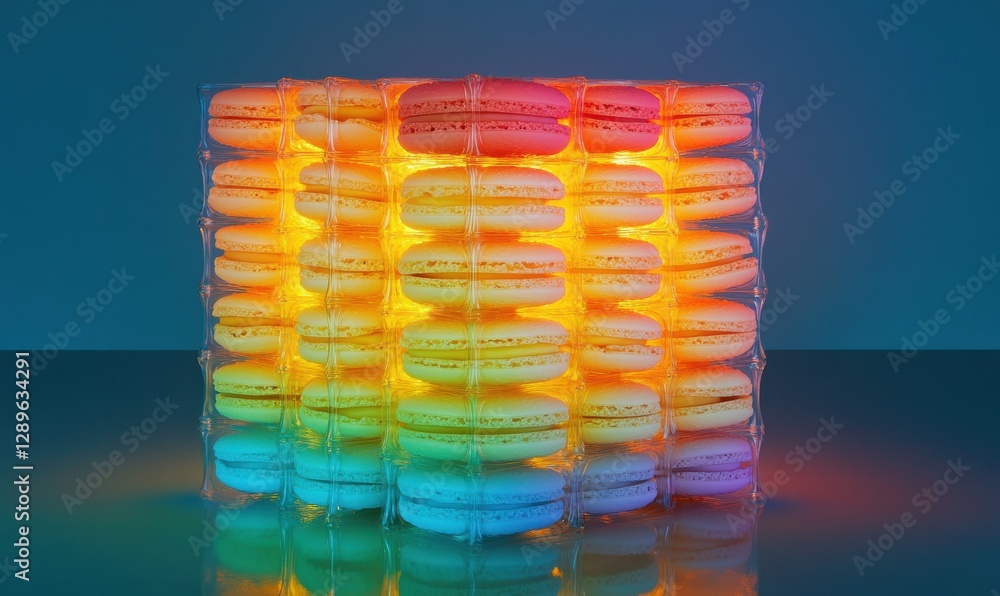 Poster playful stack of brightly colored macarons arranged in a whimsical pattern illuminated by soft glowi