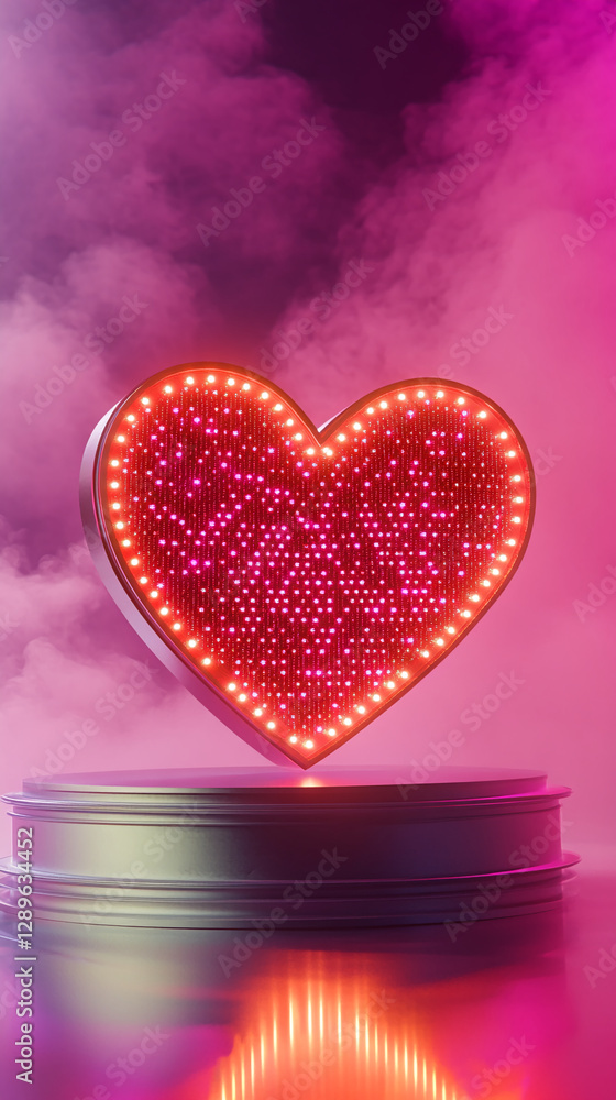 Poster a glowing led heart symbol with bright pink lights and a reflective surface, creating a romantic atm