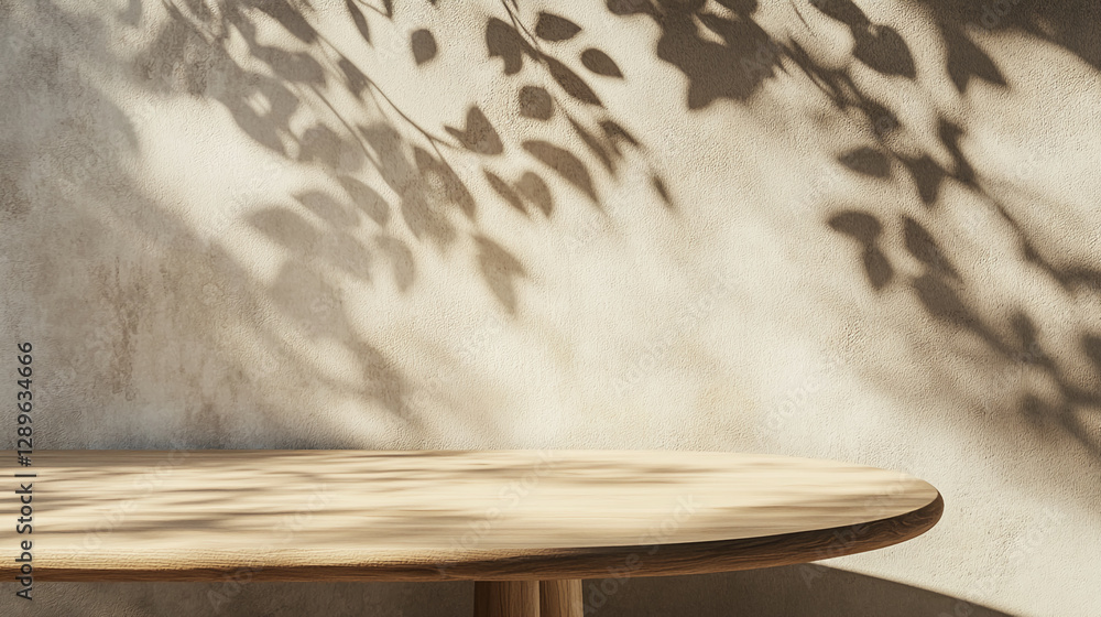 Poster shadows of leaves on a textured wall with a wooden table, creating a peaceful and minimalist atmosph