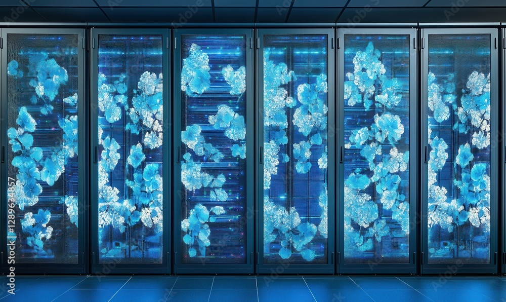 Aufkleber high-tech server room with rows of glowing blue data servers, symbolizing advanced technology and di