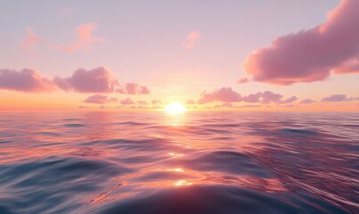 Fototapeta premium Vibrant sunset over a calm ocean with soft pink and orange hues in the sky, gentle waves reflecting the colors of the sky, evoking tranquility,