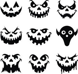 Scary Halloween Pumpkin Faces Vector Silhouette Set, Evil Grins, Creepy Jack-o'-Lanterns & Horror Expressions.