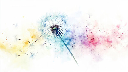 Illustration of  Abstract Dandelion with Vibrant Colors and Flying Seeds, on a White Background.	