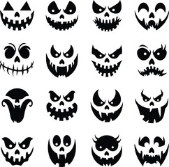 Scary Halloween Pumpkin Faces Vector Silhouette Set, Evil Grins, Creepy Jack-o'-Lanterns & Horror Expressions.