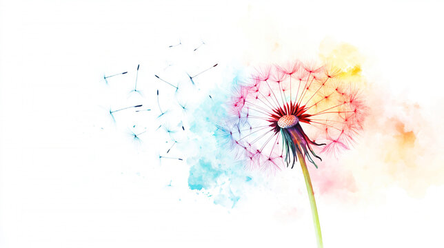 Illustration of  Abstract Dandelion with Vibrant Colors and Flying Seeds, on a White Background.	 - Powered by Adobe