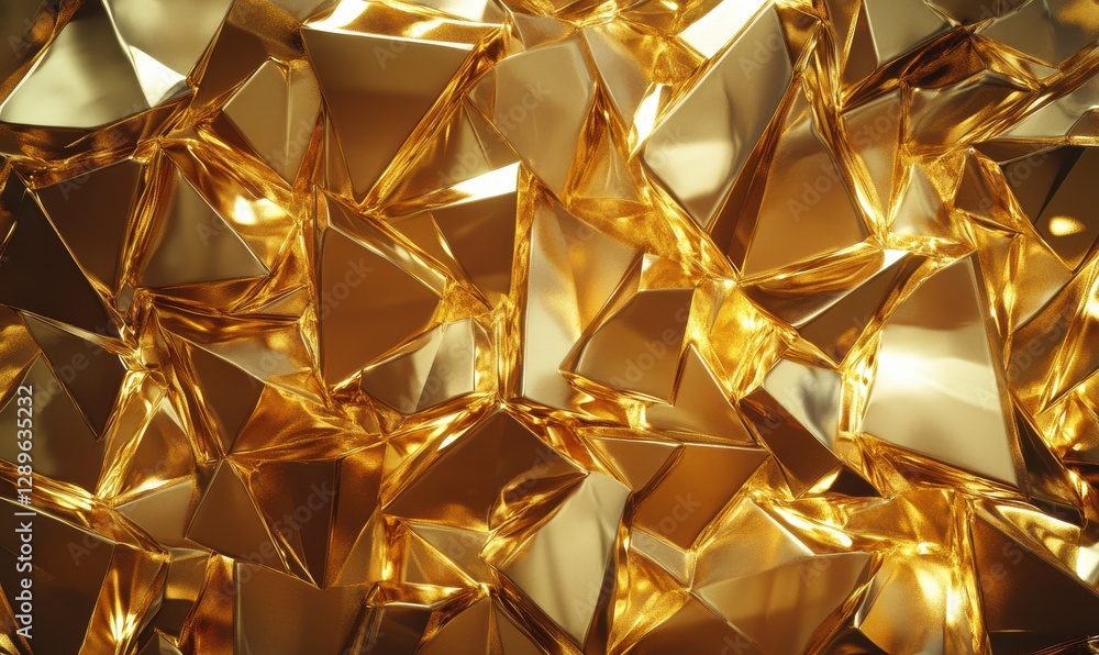 Poster intricate faceted gold shapes illuminated by soft light, creating depth and a luxurious modern abstr