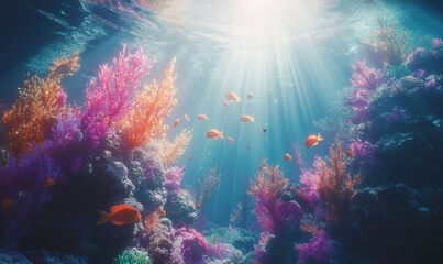 Fototapeta premium Vibrant underwater shot of colorful coral reefs with tropical fish swimming around, bright sunlight streaming through the water, evoking marine wonder and serenity,