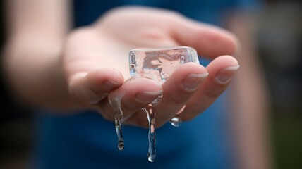 Holding melting ice cube close-up. Clear water droplets suspend from melting cube, highlighting fragility and ephemerality of water.