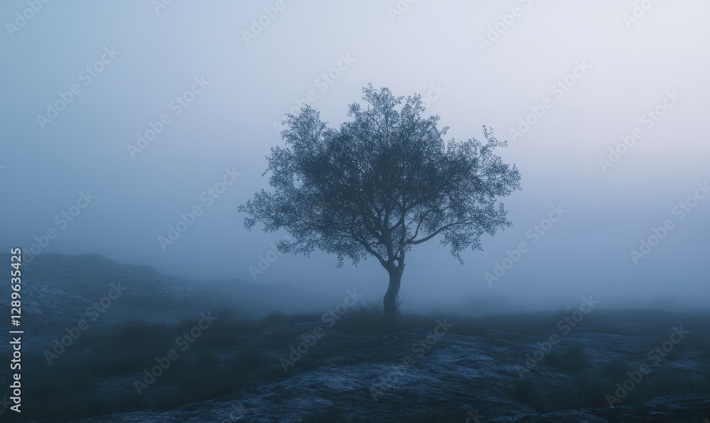 Poster lone tree standing on a foggy field at dawn, soft light filtering through the mist creating a myster