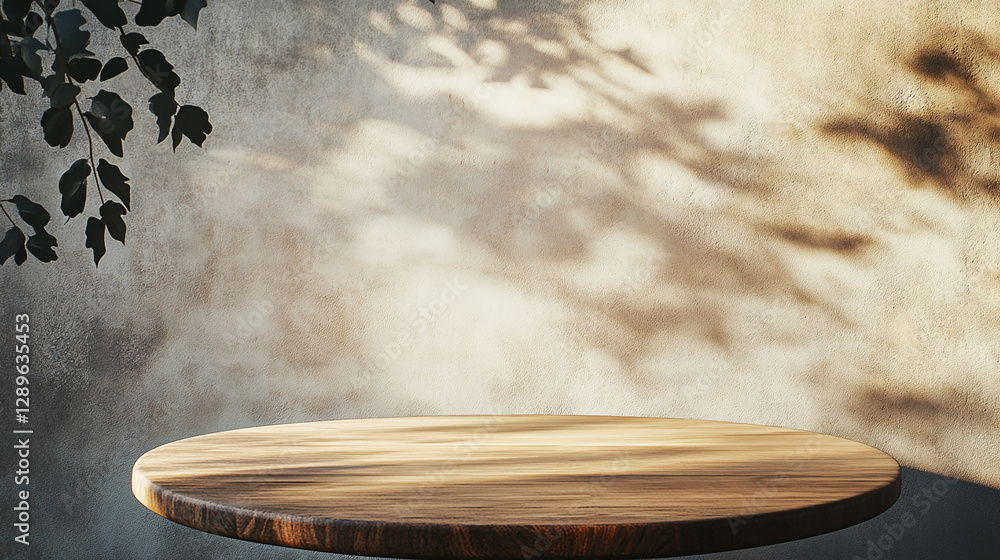 Poster wooden round table with natural light casting leaf shadows on a textured wall, symbolizing simplicit