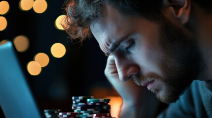 Man losing money gambling with poker chips in front of computer
