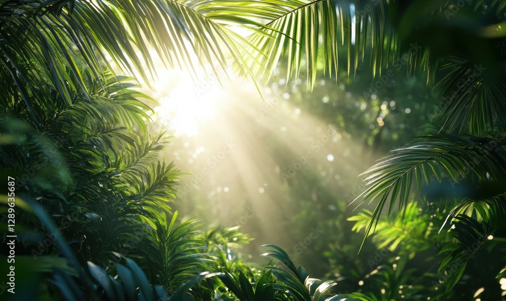 Poster lush tropical greenery with sunlight streaming through palm leaves, creating dappled patterns and a 