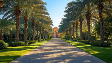 Obraz premium Palm-lined driveway leading to a luxurious estate, sunny day