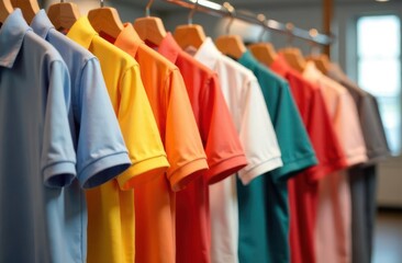 colorful polo shirts neatly hanging on wooden hangers in wardrobe. vibrant fashion display with gradient hues. retail and clothing industry. shopping, fashion catalog, e-commerce.