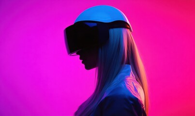 Young professional woman wearing a futuristic VR headset against a vivid gradient background. Bright colors and sleek design highlight cutting-edge technology,