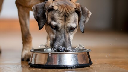 Dog drinking water from a metal bowl, splashing and creating a mess on a shiny wooden floor.  Hydration is key!  