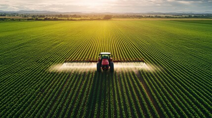Tractor spraying crops in a green field under the bright sunlight