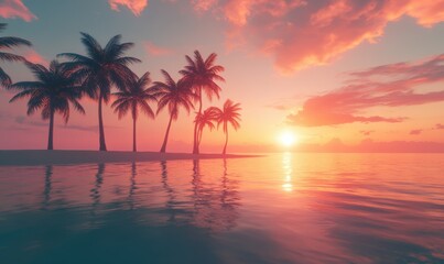 Scenic sunset over a tropical beach with palm trees silhouetted against the glowing sky, reflecting on calm ocean waves. Warm tones evoke paradise,