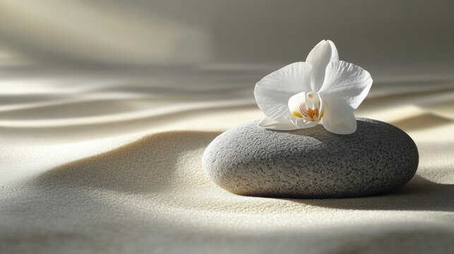 Peaceful orchid on stone, zen sand background, relaxation, still life