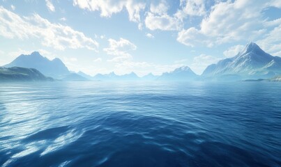 Fototapeta premium Scenic view of a large body of water with distant mountains, evoking feelings of serenity and vastness.