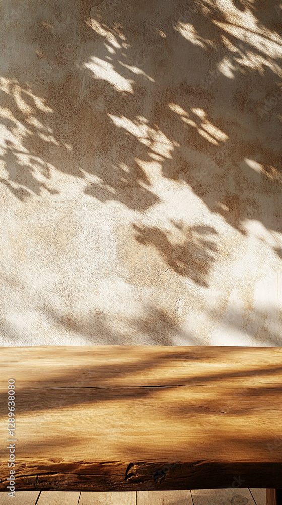 Poster wooden table with a textured surface and shadows of leaves on the wall, creating a warm, serene atmo