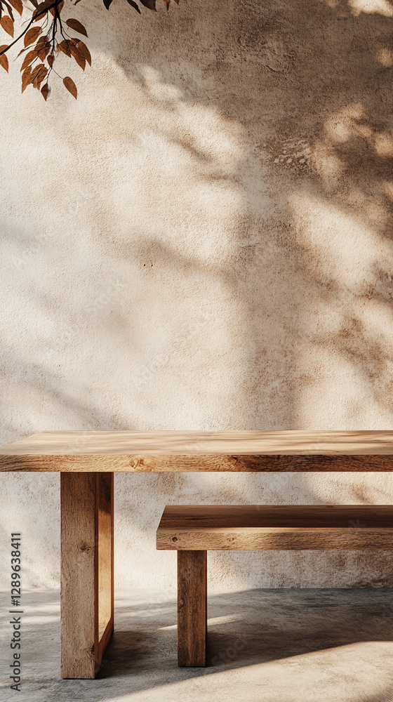 Poster wooden dining table with a bench and shadows of leaves on the wall, creating a minimalist and peacef