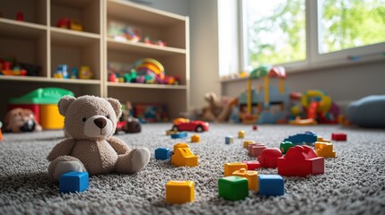 Beige teddy bear sits patiently amidst scattered colorful building blocks and various toys in a messy, yet cheerful, playroom