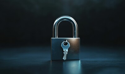 Fototapeta premium Shiny silver lock with a key, placed against a smooth black surface, symbolizing security and confidentiality.