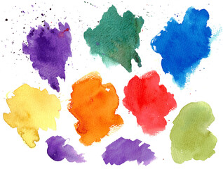 Hand-drawn watercolor spots in multiple colors on a white background. Vibrant, artistic, and textured brushstrokes, perfect for design, backgrounds, and creative projects.