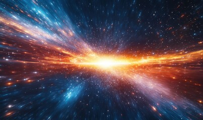 Stunning cosmic explosion with fiery waves of light radiating outward, vivid orange and red tones blending with dark blues, creating a powerful galactic image,