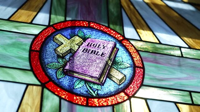 The Holy Bible with a cross on beautiful stained glass windows with bright sunlight shining through.