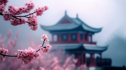 Beautiful cherry blossom flower and vintage building in Spring.