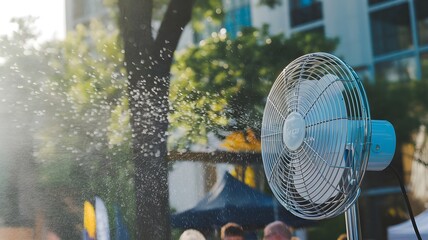 Cooling mist fan on a summer day, providing refreshing relief. Stay cool and beat the heat outdoors. Relaxation in the sun.