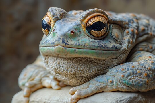 Close up view of a large frog with intense eyes