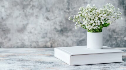 White flowers vase book gray background, spring