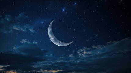 In the night sky, a crescent moon hangs like a silent echo of the universe, wrapped in the shadow of clouds, carrying a mystery waiting to be unveiled in the silence of the stars.