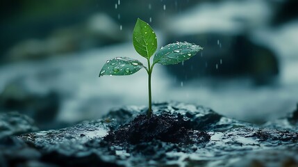 A small seedling sprouting from the earth during a rain shower
