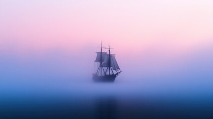 Fototapeta premium ship sailing through fog at dusk
