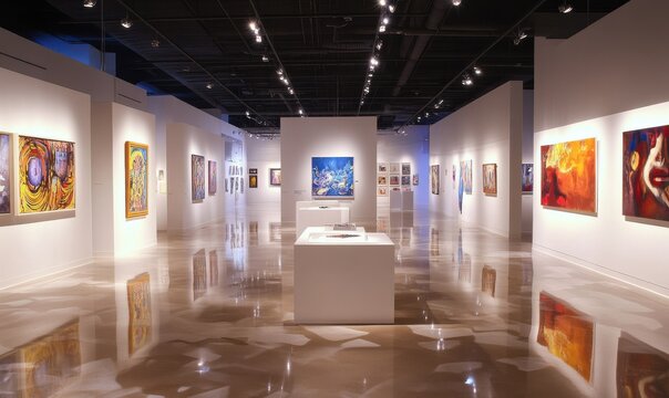 Vibrant art gallery with modern exhibits, sleek white walls, and spotlights enhancing the contemporary art displa
