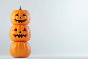stack of orange pumpkins with carved faces on a white background.